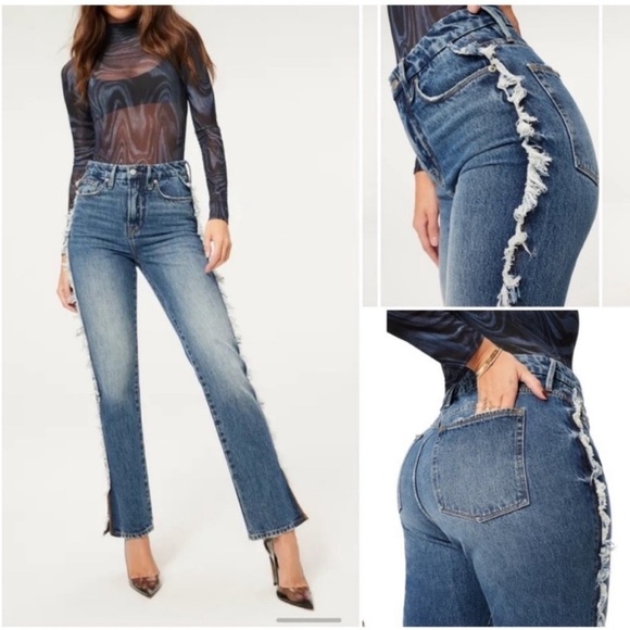GOOD AMERICAN GOOD BOY FRINGE STRAIGHT LEG JEANS SIZE 27 NWT - Picture 3 of 12